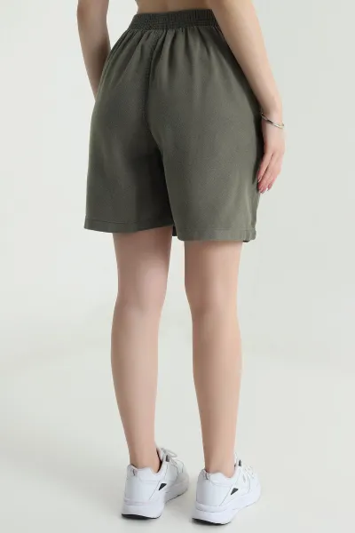 Haki Bel Lastikli Tencel Gabardin Kadın Şort 478748