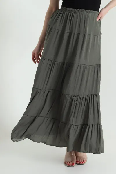 Haki Bel Lastikli Tencel Viskoz Kadın Etek 442396