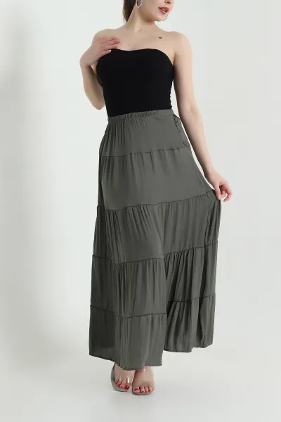 Haki Bel Lastikli Tencel Viskoz Kadın Etek 442396