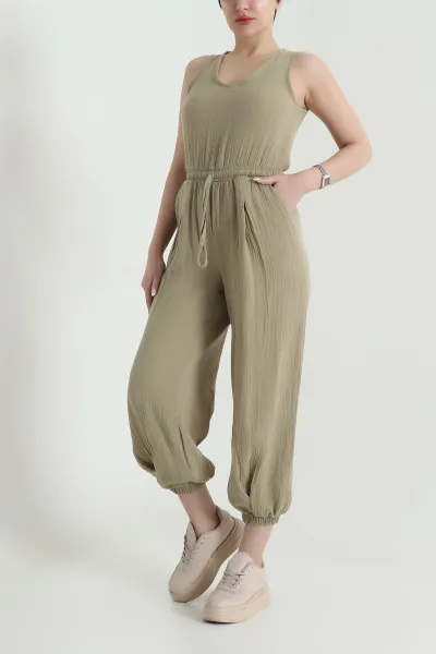 haki-bel-ve-paca-lastikli-muslin-keten-kadin-tulum-462554