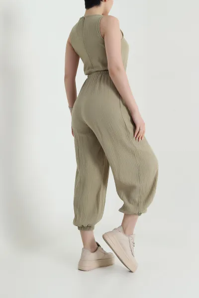 Haki Bel ve Paça Lastikli Müslin Keten Kadın Tulum 462554