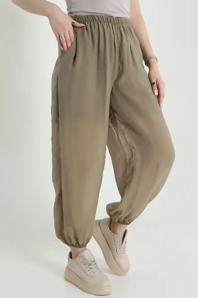 Haki Bel ve Paça Lastikli Tensel Kadın Pantolon 457045