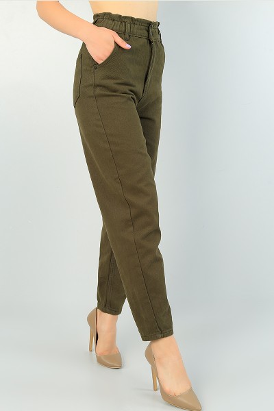 Haki Beli Lastikli Bayan Mom Kot Pantolon 73085