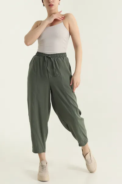 Haki Beli Lastikli Diagonel Kadın Şalvar Pantolon 433277