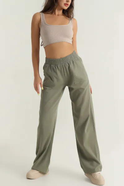 Haki Beli Lastikli Kadın Gabardin Pantolon 391148