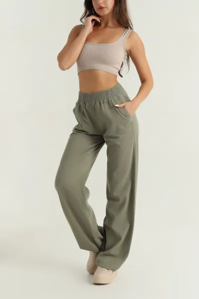 Haki Beli Lastikli Kadın Gabardin Pantolon 391148