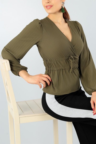 Haki Beli Lastikli Likralı Bluz 43744