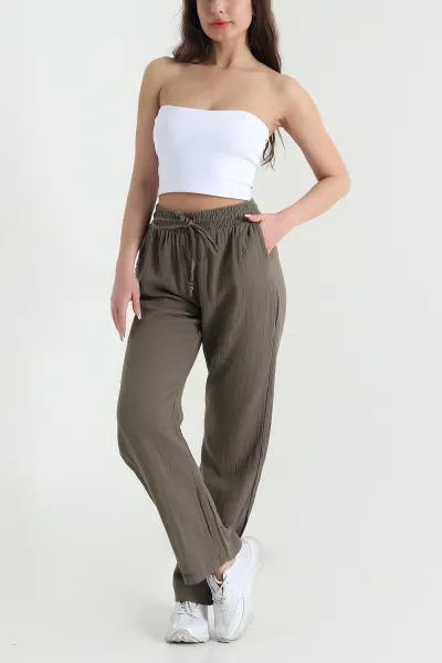Haki Beli Lastikli Müslin Keten Kadın Pantolon 457929