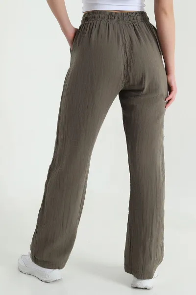 Haki Beli Lastikli Müslin Keten Kadın Pantolon 457929