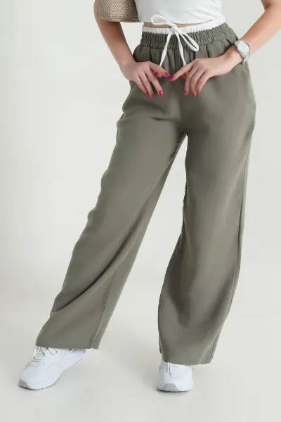Haki Beli Lastikli Müslin Keten Kadın Pantolon 463633