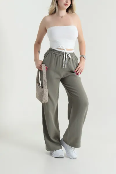 Haki Beli Lastikli Müslin Keten Kadın Pantolon 463633