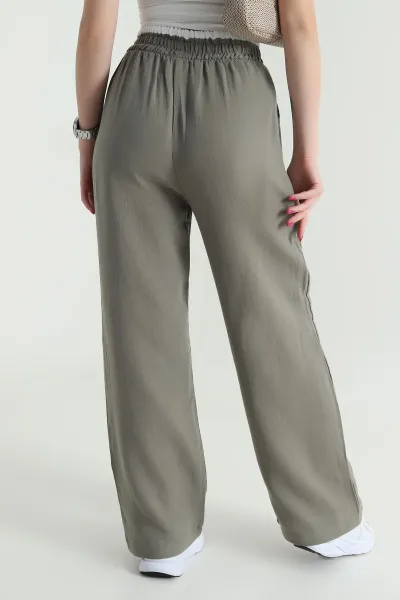 Haki Beli Lastikli Müslin Keten Kadın Pantolon 463633