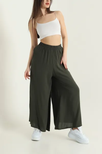Haki Beli Lastikli Şalvar Dokuma Kadın Pantolon 430045