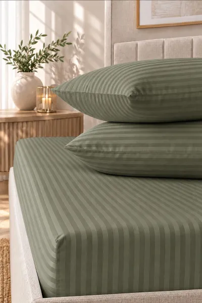 Haki Bella Home 160x200 Cm Çift Kişilik Çizgili Saten Çarşaf Seti 483020