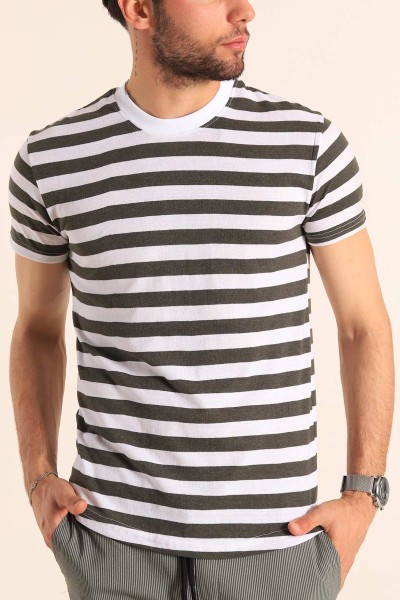 Haki Beyaz Çizgili Regular Fit Erkek Tişört 188011