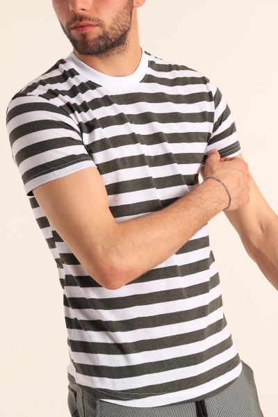 Haki Beyaz Çizgili Regular Fit Erkek Tişört 188011