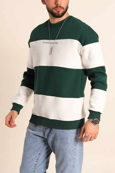Haki Beyaz Oversize Üç İp Şardonlu Kabartma Yazılı Erkek Sweatshirt 225866