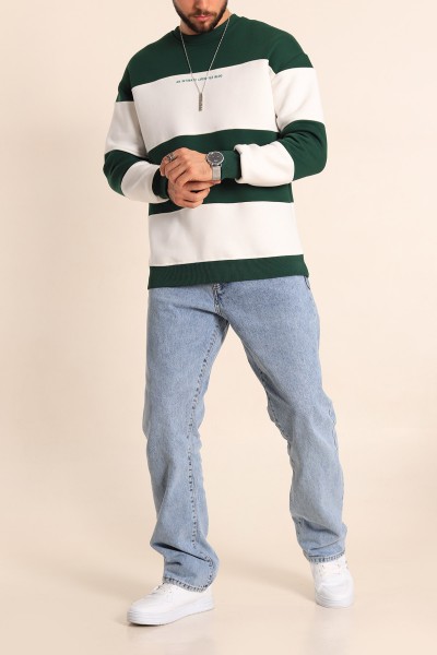 Haki Beyaz Oversize Üç İp Şardonlu Kabartma Yazılı Erkek Sweatshirt 225866