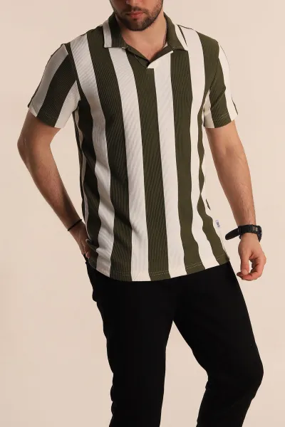 Haki Beyaz Regular Fit Çizgili Polo Yaka Erkek Tişört 268619