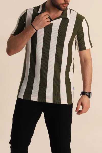 Haki Beyaz Regular Fit Çizgili Polo Yaka Erkek Tişört 268619