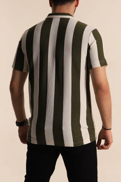 Haki Beyaz Regular Fit Çizgili Polo Yaka Erkek Tişört 268619