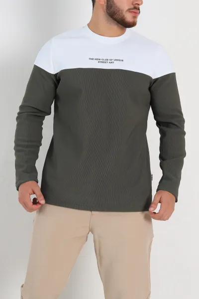 Haki Beyaz Regular Fit Kabartma Baskılı Erkek Sweatshirt 305866