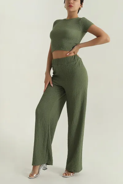 Haki Bluz Pantolon Gofre Kadın İkili Takım 377536