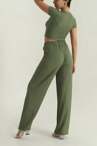 Haki Bluz Pantolon Gofre Kadın İkili Takım 377536