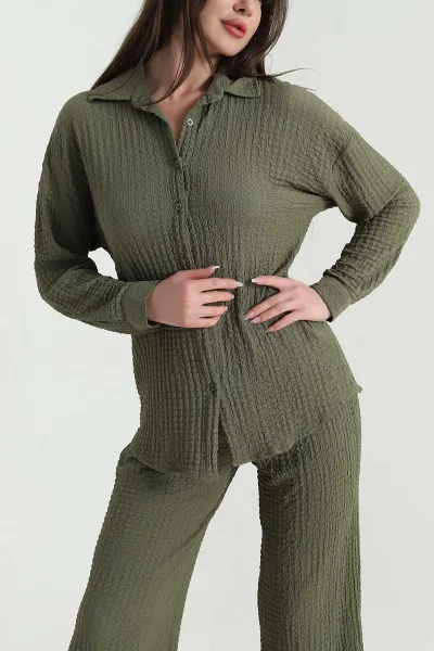haki-bukle-kumas-pantolon-gomlek-kadin-ikili-takim-454966