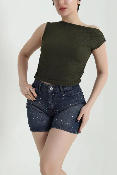 Haki Büzgülü Kolsuz Gofre Kadın Bluz 456286