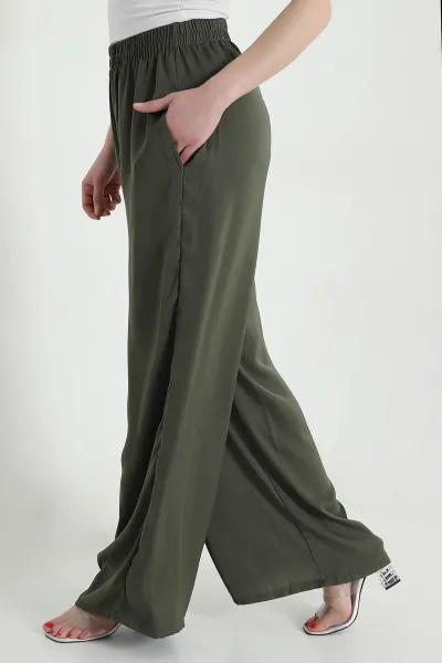 Haki Cepli Bel Lastikli Tencel Kadın Pantolon 446676
