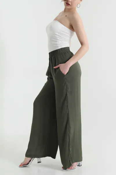 Haki Cepli Bel Lastikli Tencel Kadın Pantolon 446676