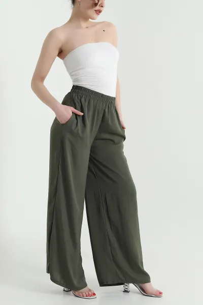 Haki Cepli Bel Lastikli Tencel Kadın Pantolon 446676