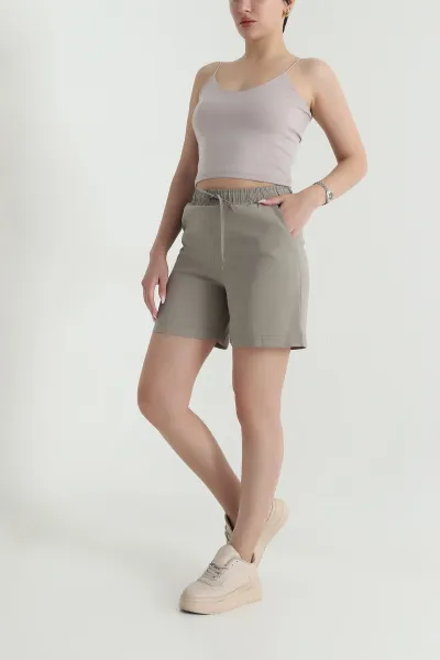 Haki Cepli Bel Lastikli Tencel Kadın Şort 464646