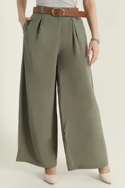 Haki Cepli Pileli Tencel Kadın Pantolon 436733