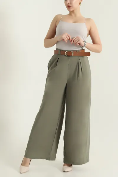 Haki Cepli Pileli Tencel Kadın Pantolon 436733