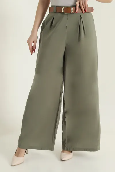 Haki Cepli Pileli Tencel Kadın Pantolon 436733