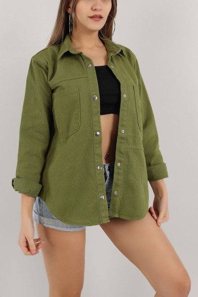 Haki Çıt Çıtlı Bayan Kalın Gabardin Gömlek Ceket 160098