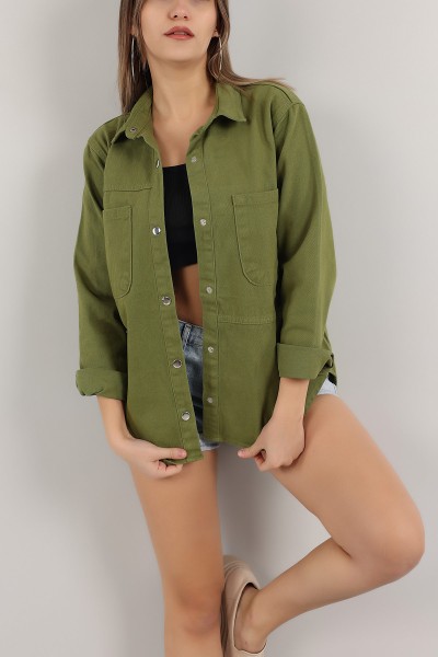Haki Çıt Çıtlı Bayan Kalın Gabardin Gömlek Ceket 160098