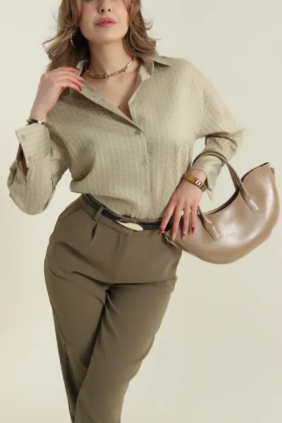 Haki Çizgili Mono Stripe Kadın Gömlek 425452