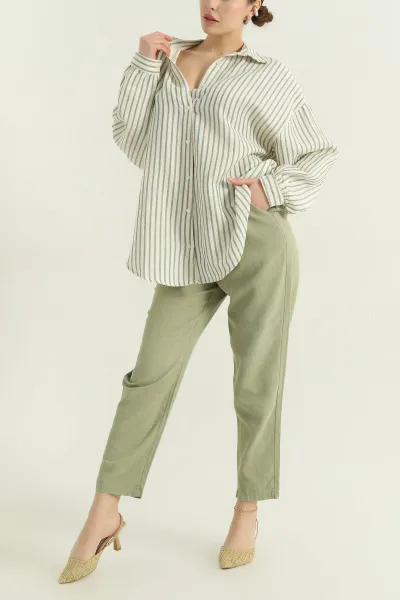 Haki Çizgili Oversize Bayan Keten Gömlek 336977