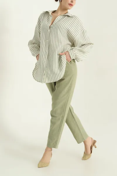 Haki Çizgili Oversize Bayan Keten Gömlek 336977