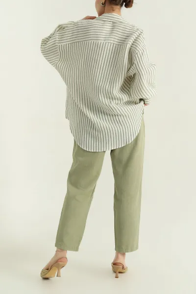 Haki Çizgili Oversize Bayan Keten Gömlek 336977