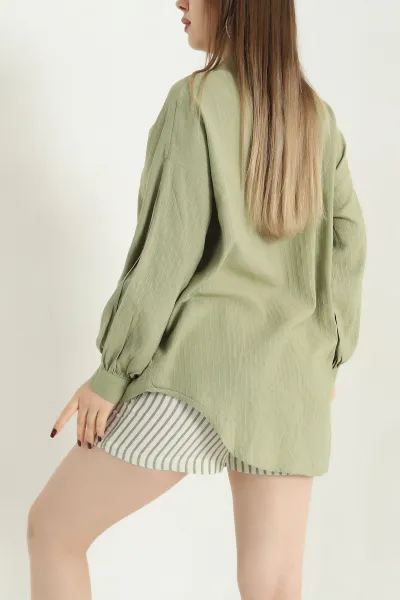 Haki Çizgili Oversize Keten Gömlek 340411