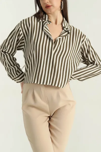 Haki Çizgili Poplin Bayan Gömlek 336690