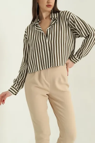Haki Çizgili Poplin Bayan Gömlek 336690