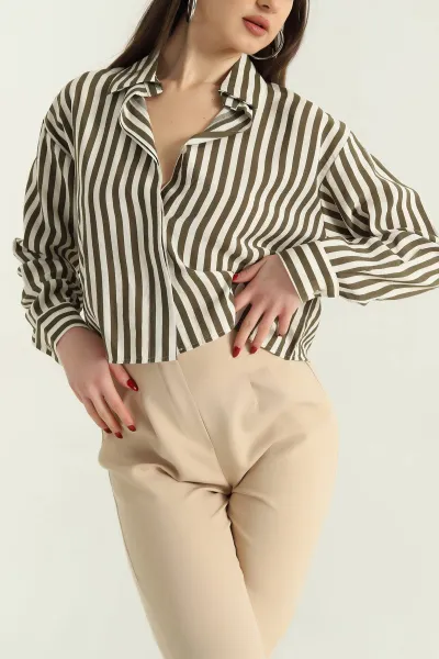 Haki Çizgili Poplin Bayan Gömlek 336690
