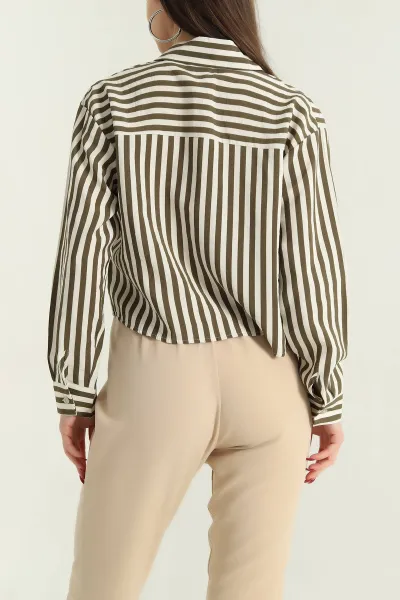 Haki Çizgili Poplin Bayan Gömlek 336690
