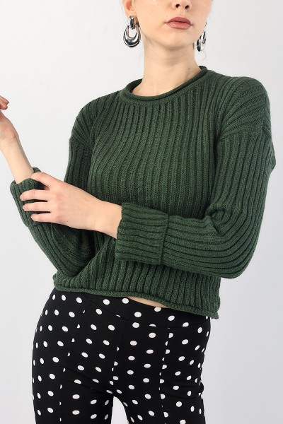 Haki Crop Bayan Triko Kazak 89057
