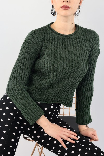 Haki Crop Bayan Triko Kazak 89057